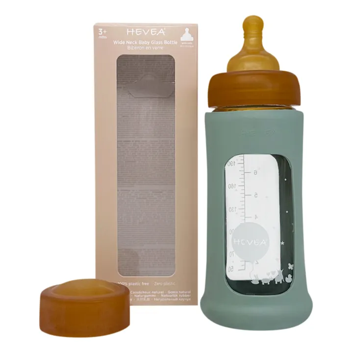 Hevea Biberon en verre à col large avec housse de protection Débit moyen | Vert amande