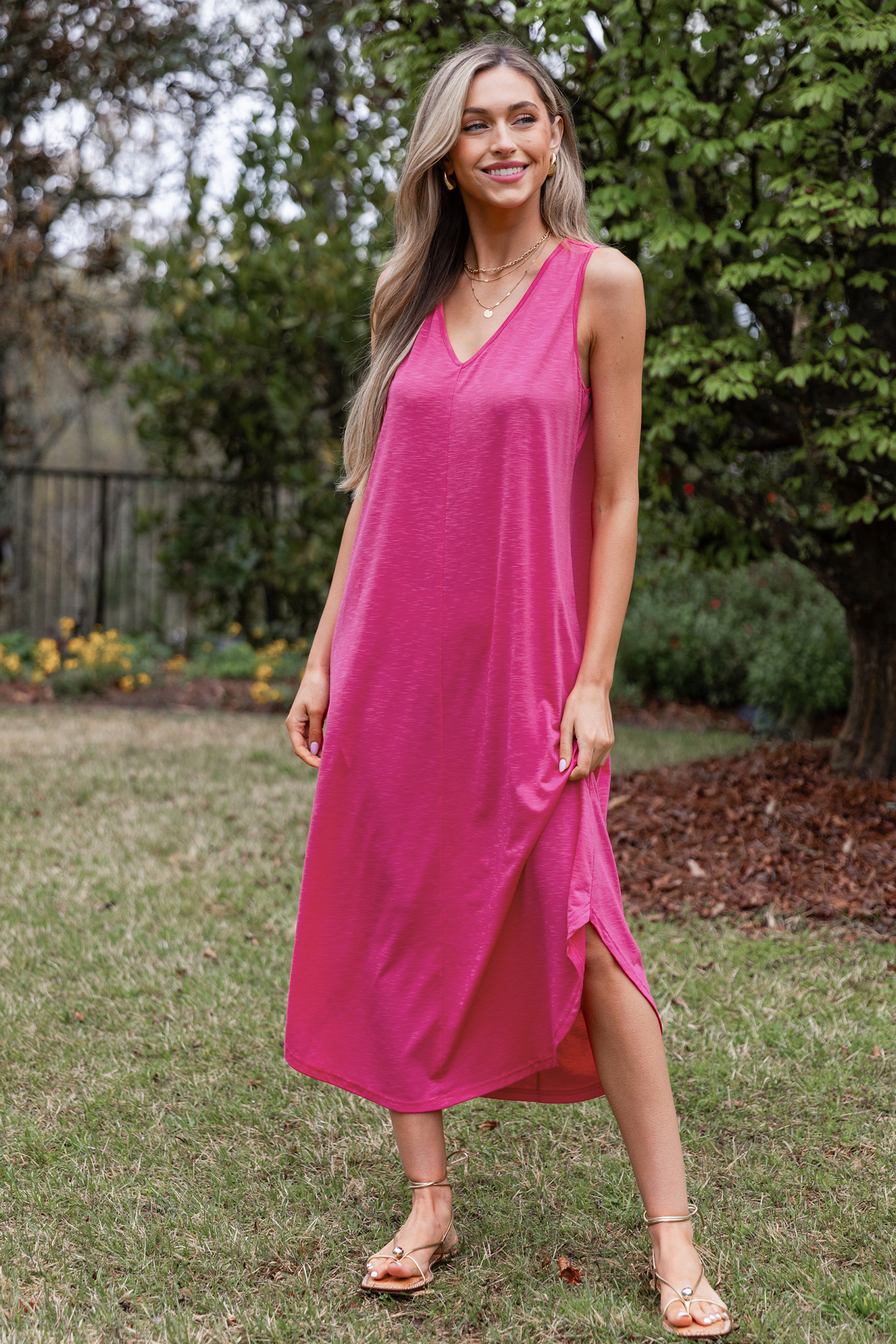 Robe maxi ample sans manches fuchsia