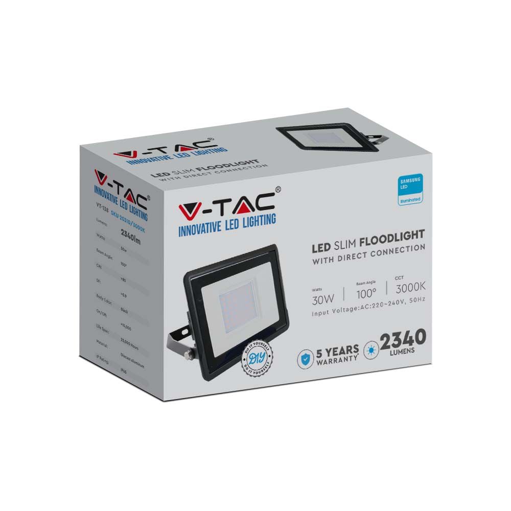 V-TAC VT-138 - Zwarte LED-schijnwerpers - Samsung - IP65 - 30W - 2340 lumen - 6500K - 5 jaar