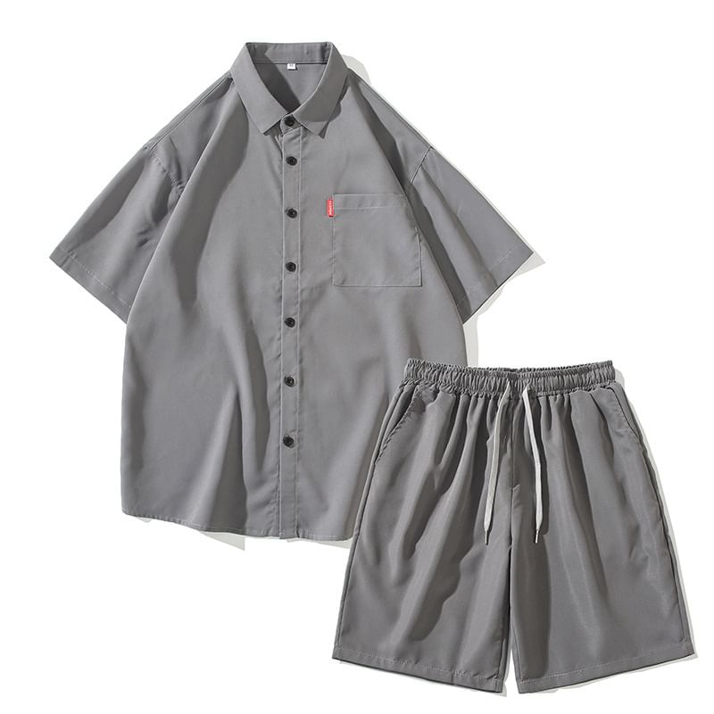 Blueforce - Set: Kortmouw overhemd met kraag en effen kleur + Shorts met trekkoord in de taille
