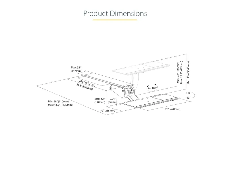 StarTech.com Under Desk Keyboard Tray, Full Motion & Height Adjustable Keyboard and Mouse Tray, 10