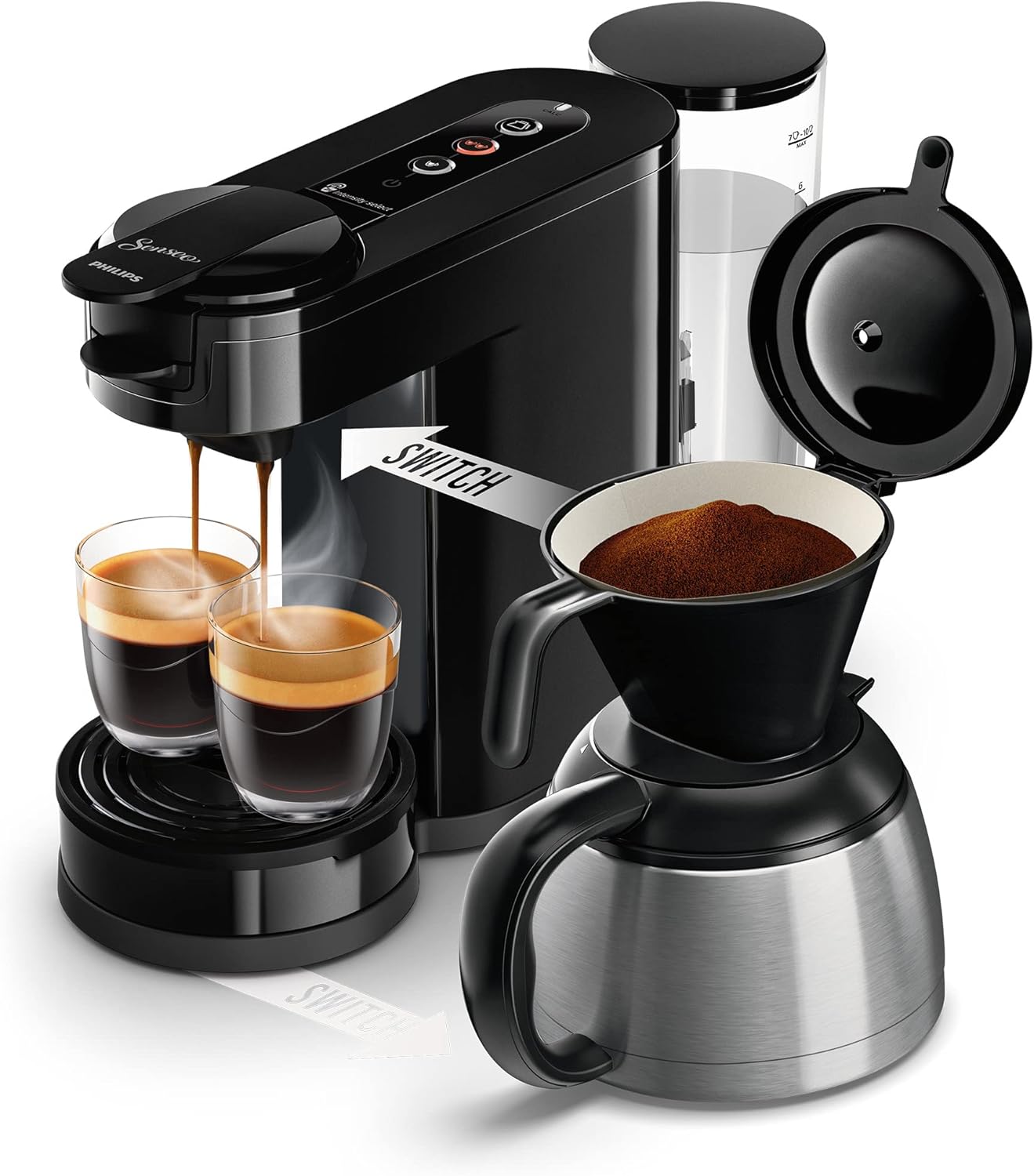 Philips Senseo Switch Pad- und Filterkaffeemaschine, 2-in-1-Brühtechnologie, 1-Liter-Wasserbehälter, 7 Tassen in einem Durchgang, Klavierlackschwarz (HD6592/64)