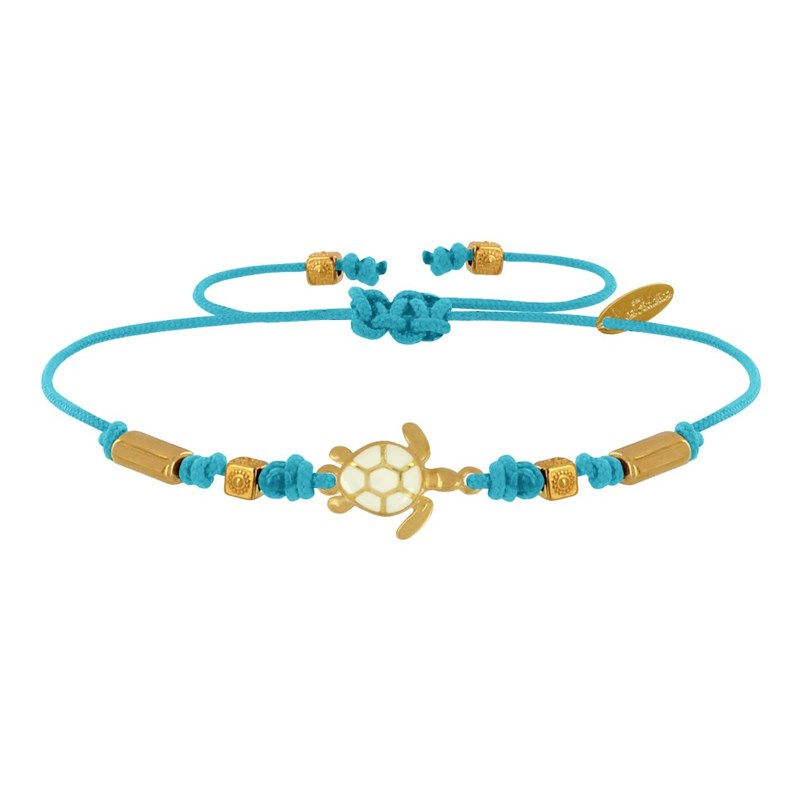 Bracelet Lien Laiton Doré Tortue Émaillé Blanche - Turquoise
