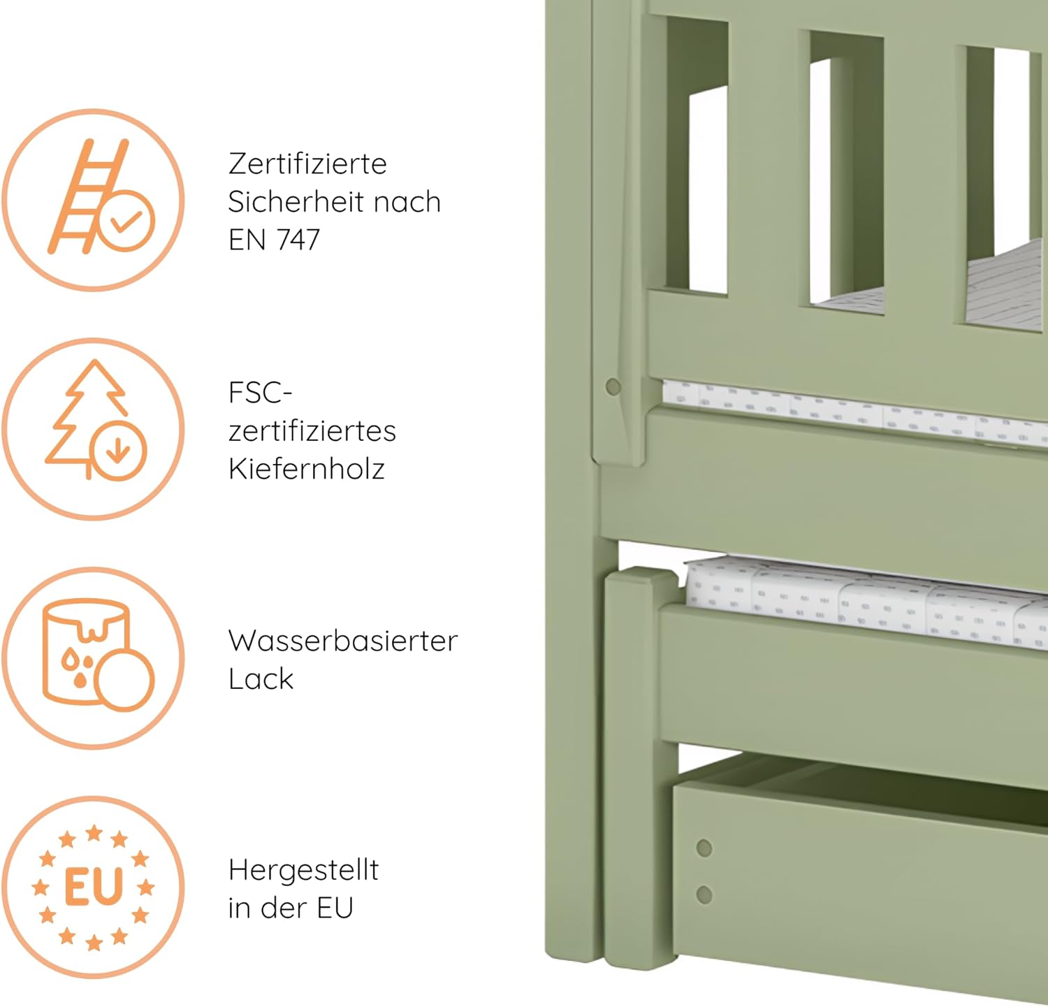 Kids Collective Hochbett 90x200 Etagenbett Kinderbett Jugendbett Stockbett 3 Kinder, zwei Schubladen & Rausfallschutz umbaubar in 3 Einzelbetten | 4. bis 16. Lebensjahr | inkl. Lattenrosten | olivgrün