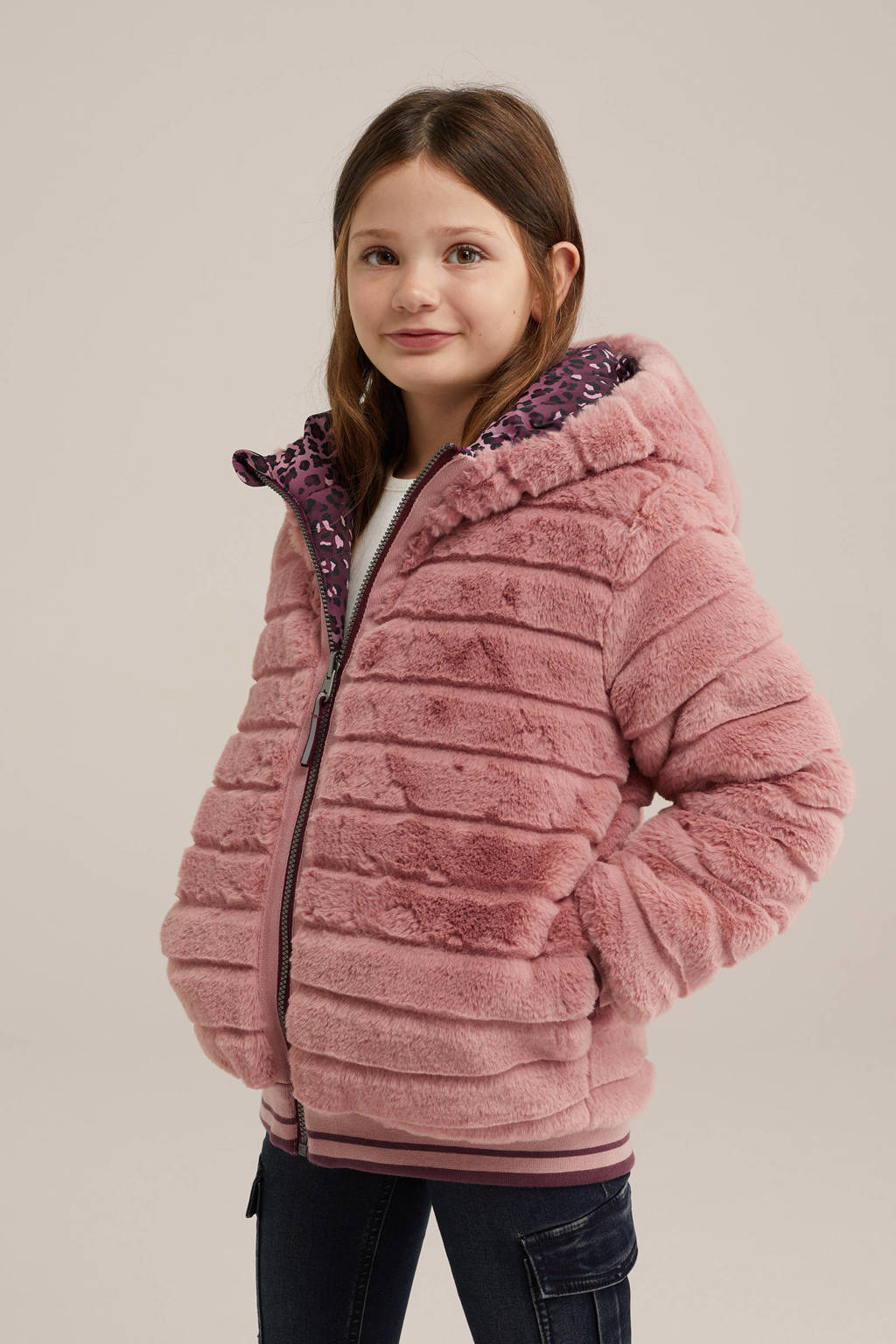 WE Fashion imitatiebont jas met panterprint roze