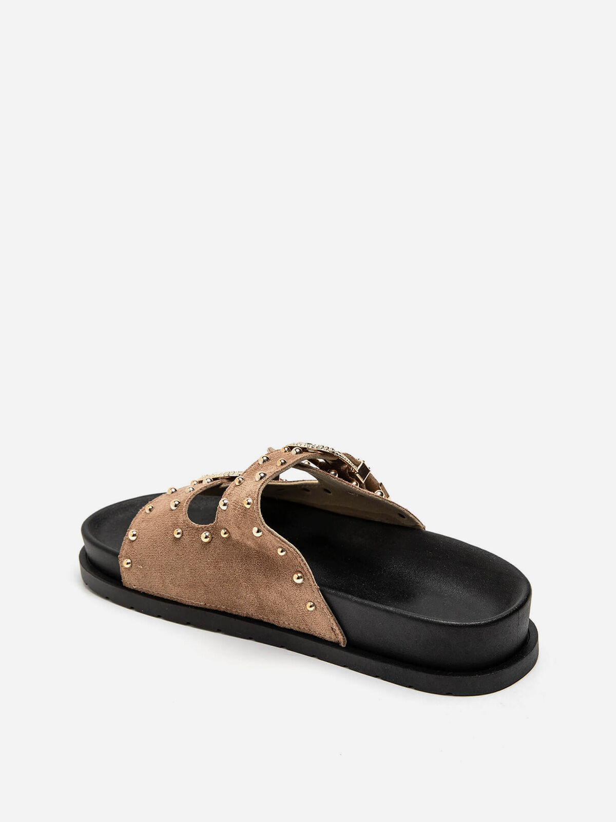 Mules en suédine à boucles et clous dorés- Taupe