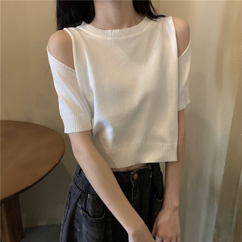 Shinsei - Kort mouwloos, schouderloos, effen gebreide crop top