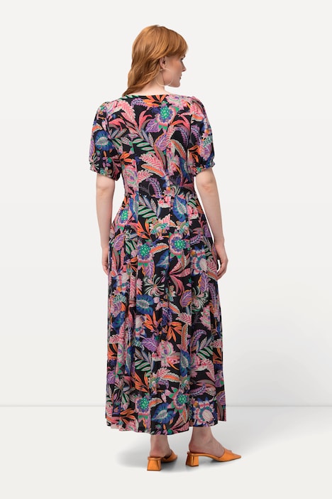 Kleid, Blätter, Leinenmix, Rundhals, Halbarm