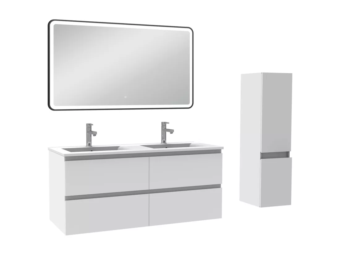 Meuble salle de Bain 120cm double vasque avec colonne + miroir 3 couleurs blanc