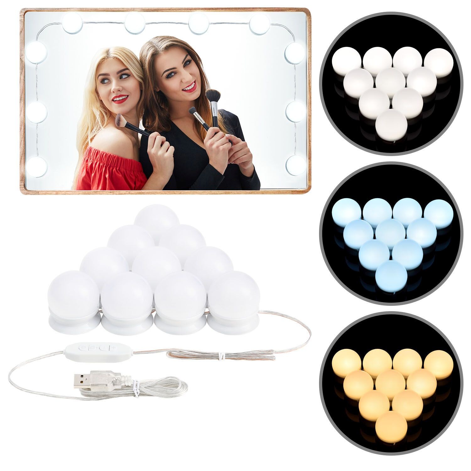 Juskys Schminktisch Lichterkette 8 W - 10 LED Lampen & USB - 3 Farbtemperaturen - Beleuchtung - Weiß