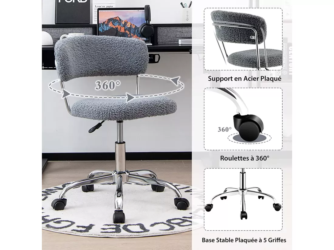 Chaise de Bureau à Domicile, Chaise de Loisirs Pivotante en Fausse Fourrure avec Siège Rembourré Réglable en Hauteur, pour Chambre, Bureau, Chambre d'amis, Gris