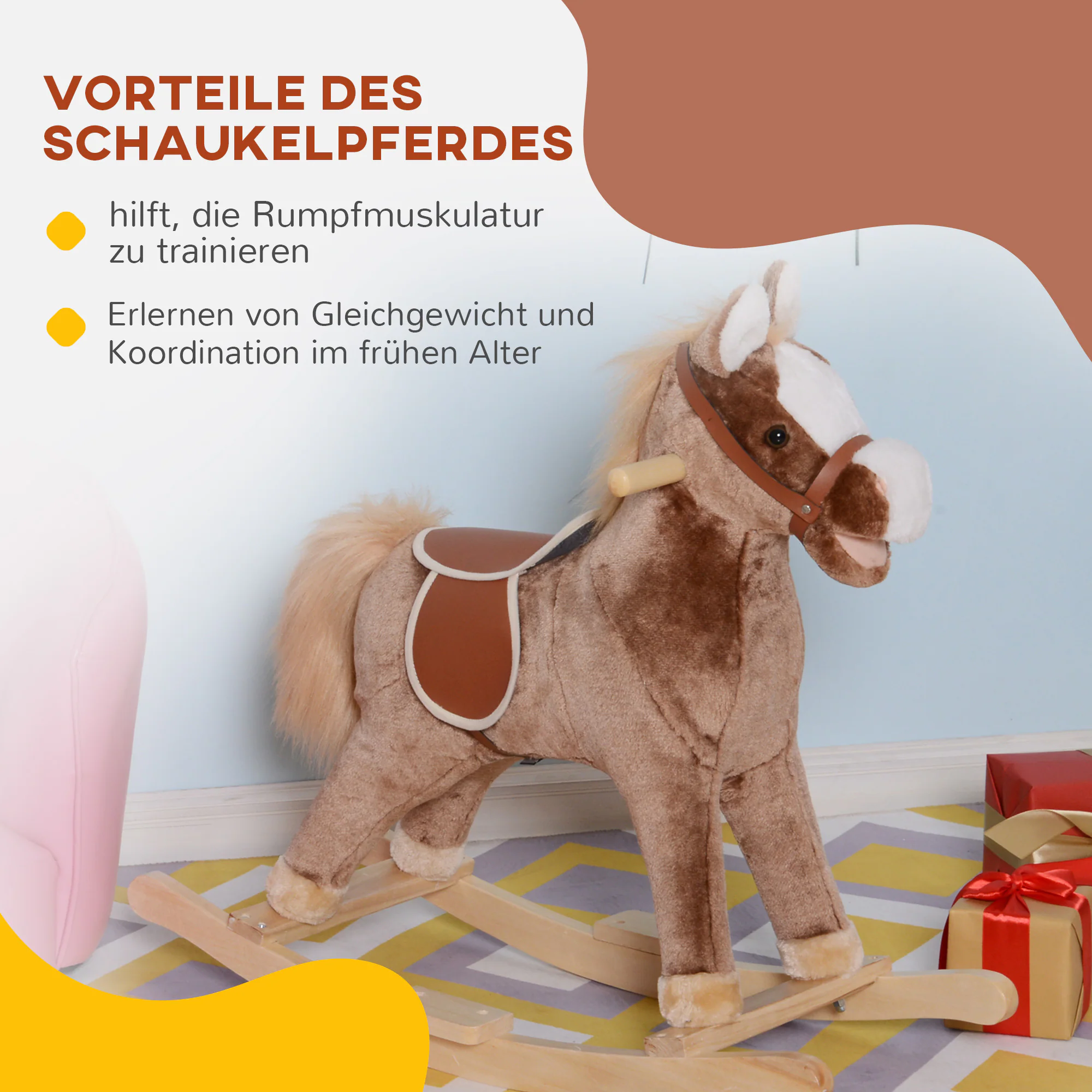 HOMCOM Plüsch-Schaukelpferd für Kinder braun 74 x 33 x 62 cm (LxBxH)