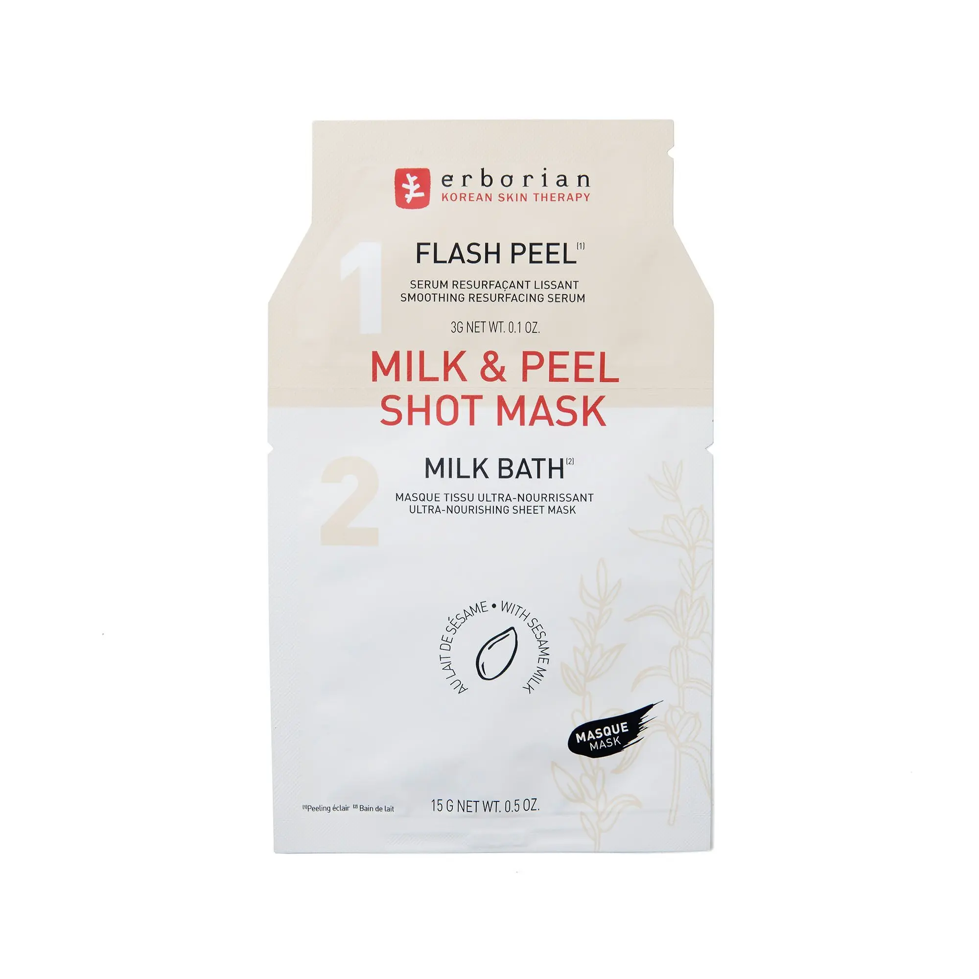 Erborian - Milk & Peel Shot Mask Sérum Resurfaçant Lissant et Masque Tissu Ultra-Nourissant- Gommage et peeling