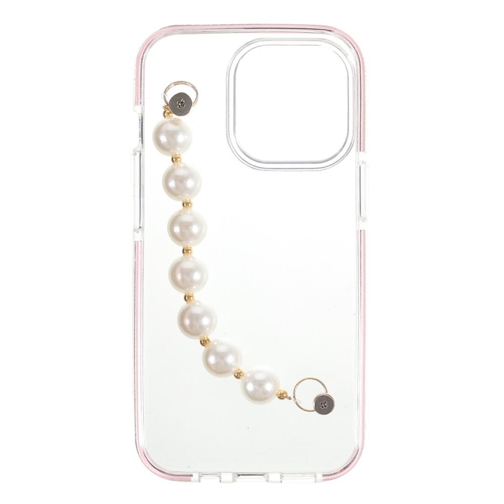 iPhone 13 Pro Hybrid Bumper Gummi Hülle mit Perlenkette Handschlaufe - Transparent / Rosa