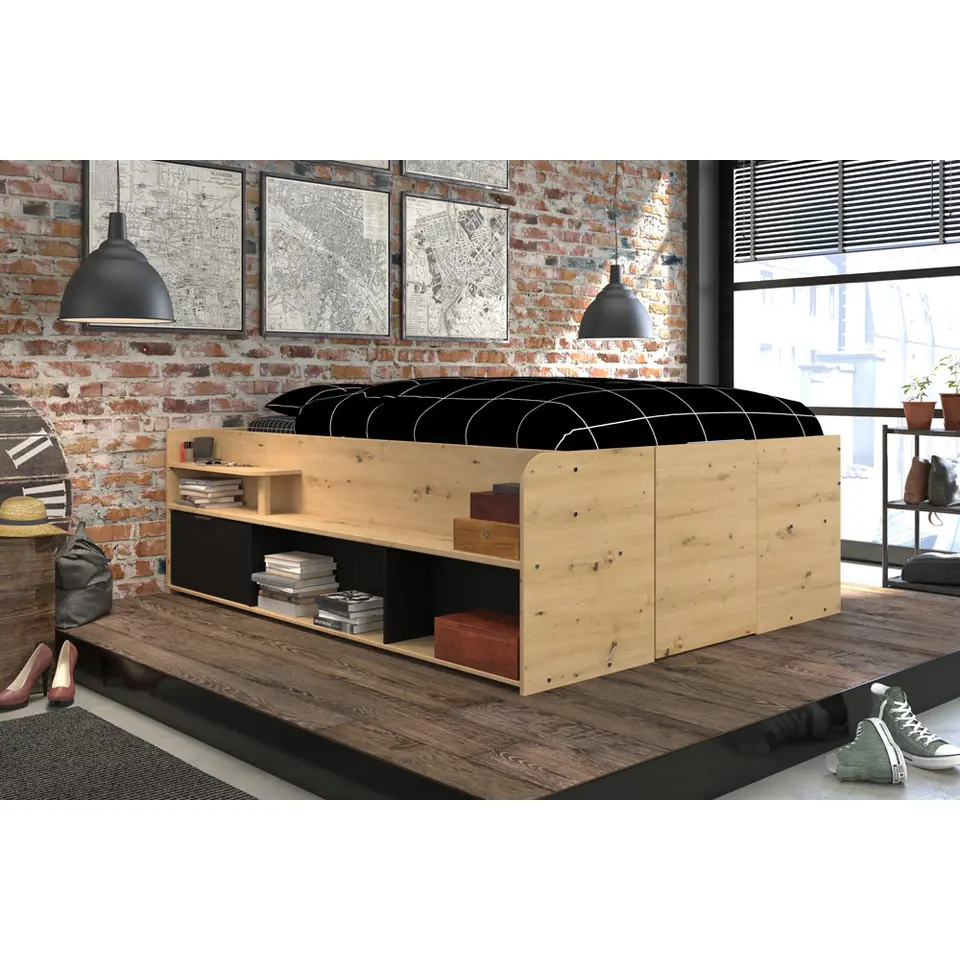 Bed Bremen met opslag - eiken/zwart - 140x200 cm