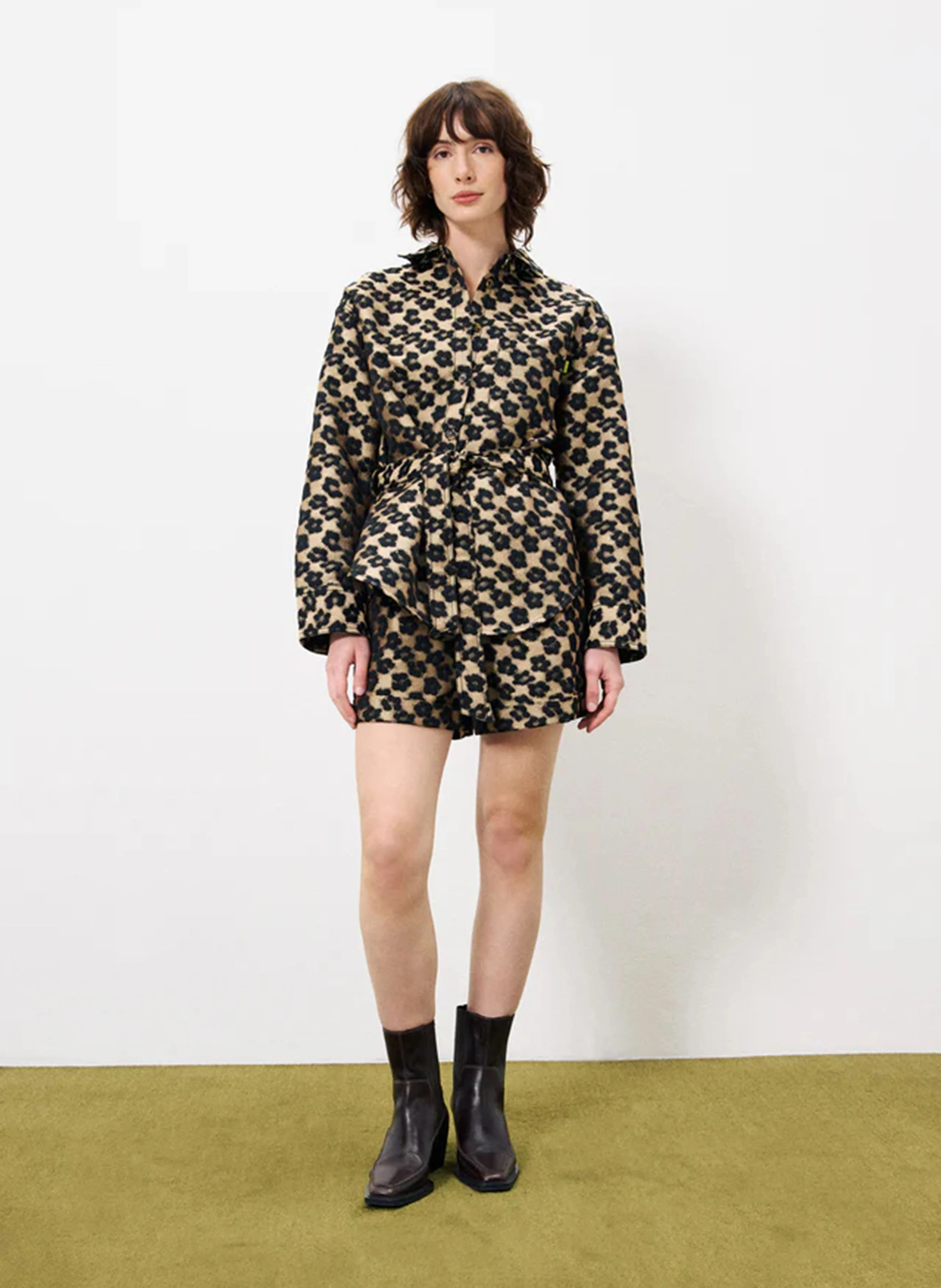 PANDORE - Chemise ample ceinturée en jacquard | Marron