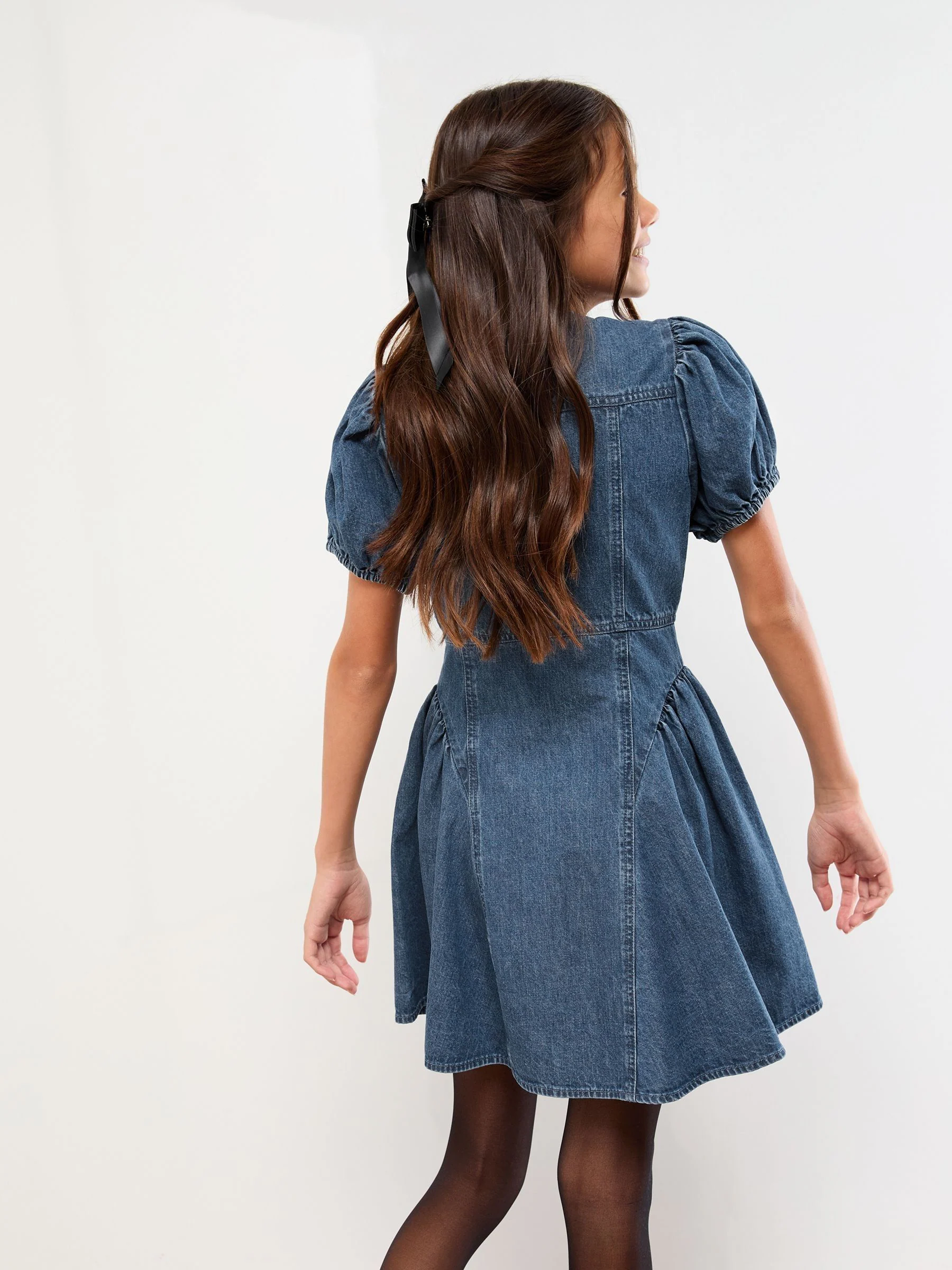 Lipsy Denim Puff Sleeve Diamonte Dress (5-16yrs)