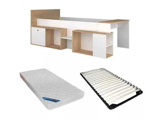 Lit combiné 90 x 200 cm avec bureau et rangements - Blanc et naturel + Sommier + Matelas - PALOMA