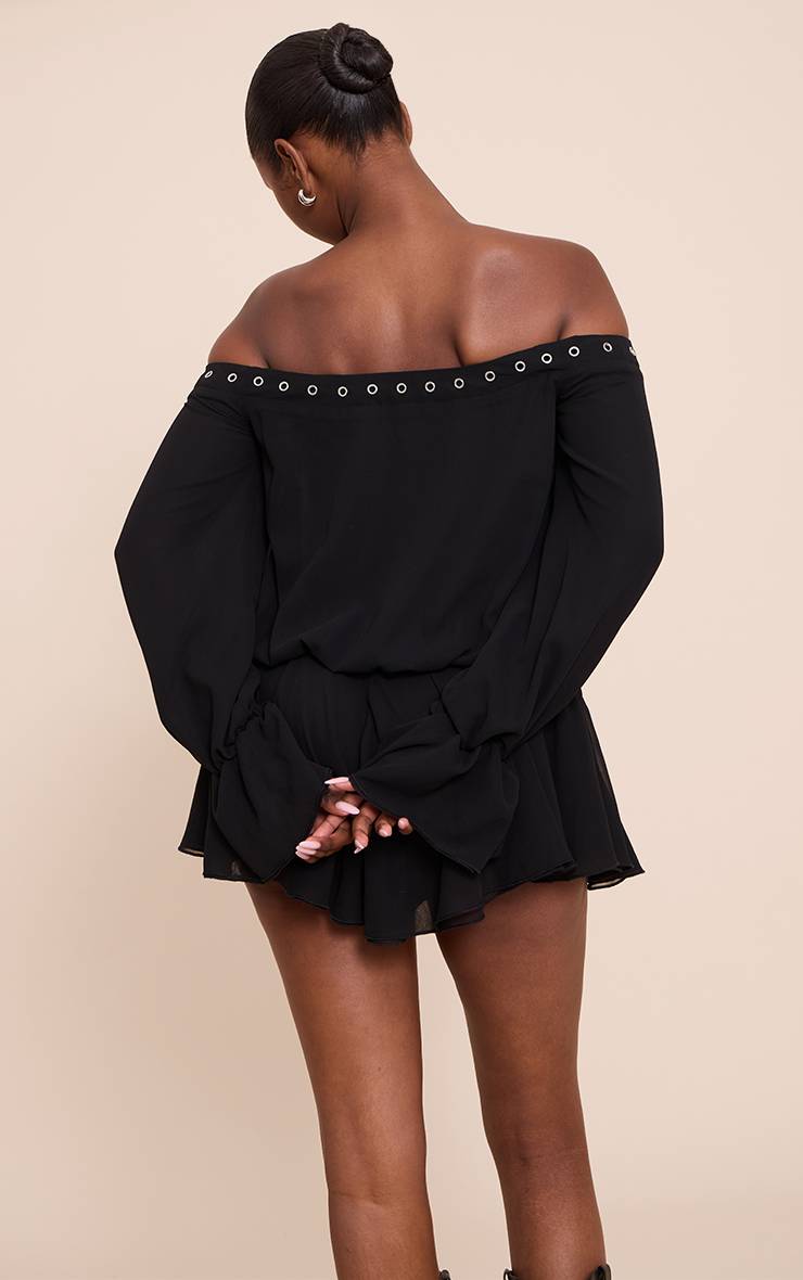 Noir Combishort Fluide Bardot En Mousseline À Manches Longues