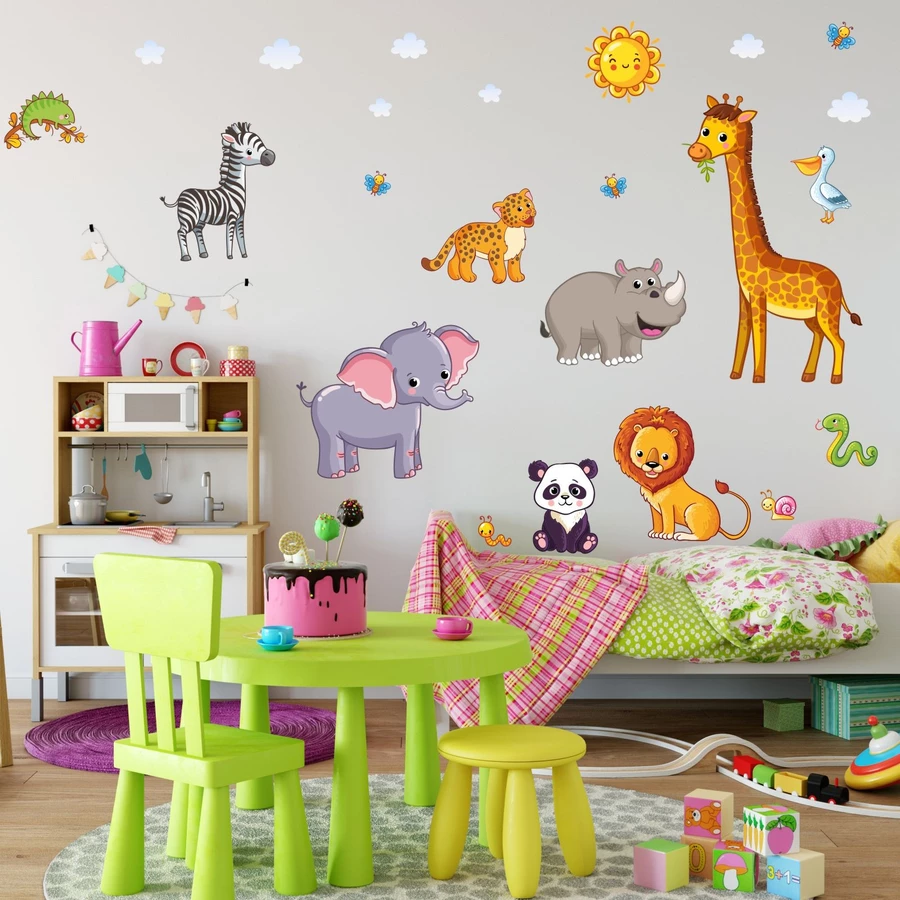 Nikima Wandtattoo 080 Wandtattoo Tiere Kinderzimmer Elefant Löwe Giraffe bunt