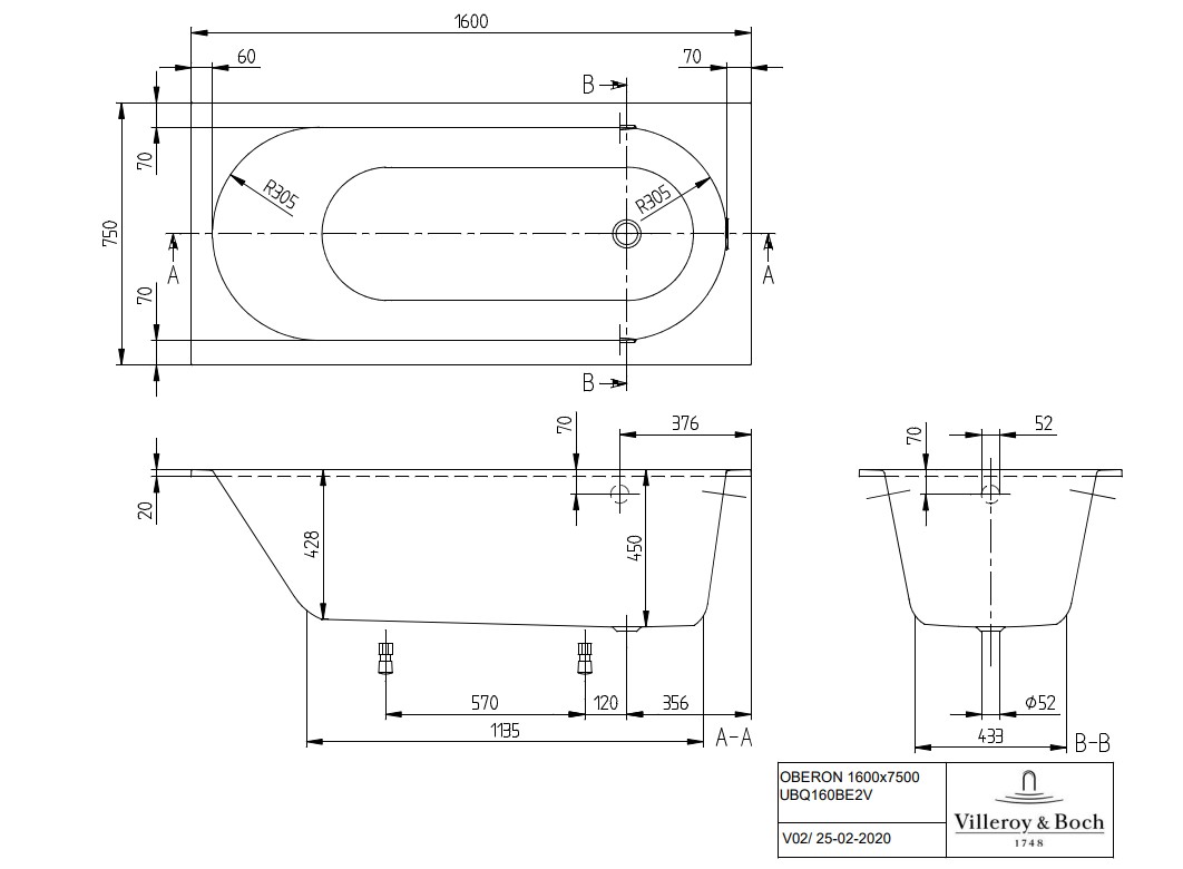 Villeroy & Boch Oberon inbouw ligbad 160x75cm wit mat