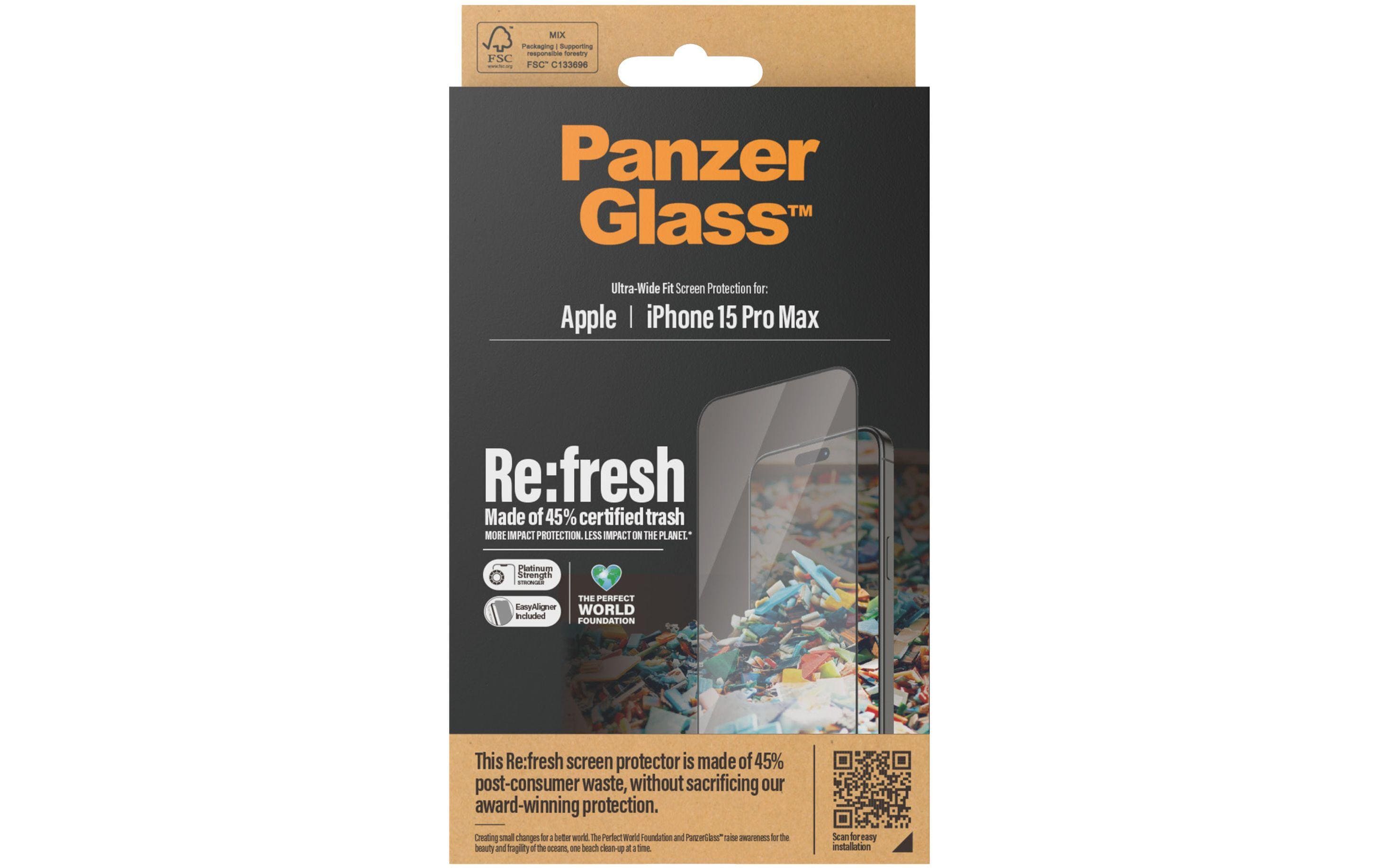 Displayschutz Refresh iPhone 15 Pro MaxDisplayschutzfolie mit Applicator und 45% recyceltem Glas für das Apple iPhone 15 Pro Max