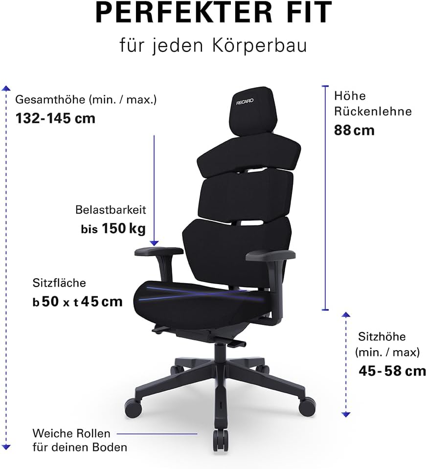 RECARO NXT Essential Premium Gaming & Bürostuhl Ergonomisch [Büro-Zertifiziert] | Made in Germany | Hochwertiger Stoffbezug | Höhenverstellbar - bis 150kg, Raven Black