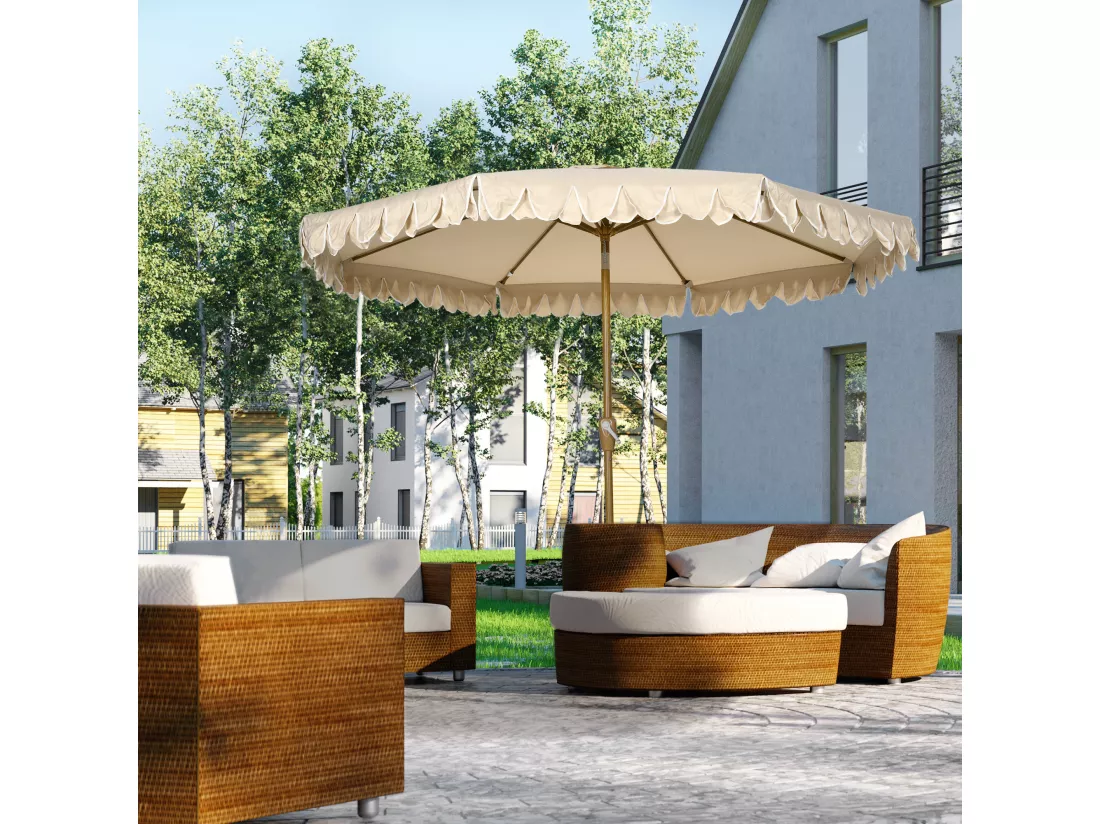 Parasol octogonal inclinable Ø 2,65 x 2,35H m mât acier aspect bois polyester haute densité 180 g/m² beige
