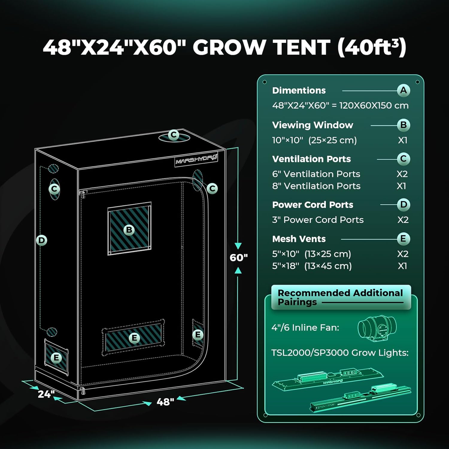 MARS HYDRO Growzelt 120x60x150cm,Indoor Grow Tent Reflektierende Mylar Zuchtzelte Hydrokultur,abnehmbaren Boden Tablett,für Pflanzen wachsen Raum