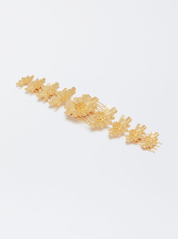 Pente de cabelo dourado com flores - Dourado