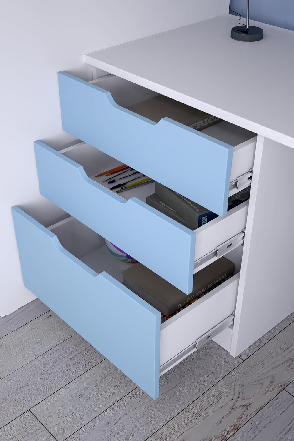 Shefa Kids Hochbett Mit Schreibtisch - Platzsparendes 5-in-1 Hochbett Kinder Mit Treppe, Kleiderschrank, Regal & Arbeitsbereich - Blau, Belastbar Bis 90 Kg, Maße: 206 x 107 cm