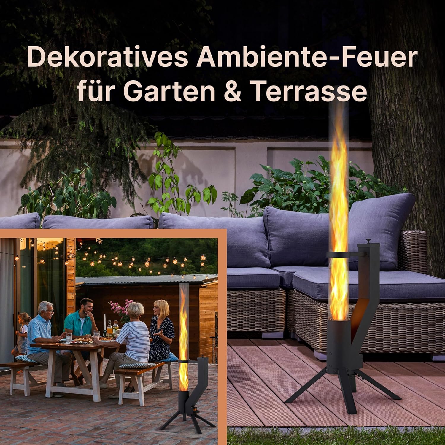 Feuerrohr Klassik – Edelstahl Feuersäule und Pelletfackel für Tolles Ambiente-Feuer – Terrassenheizer und Gartenkamin Alternative für Deine Terrasse und Garten (Schwarz Pulverbeschichtet)