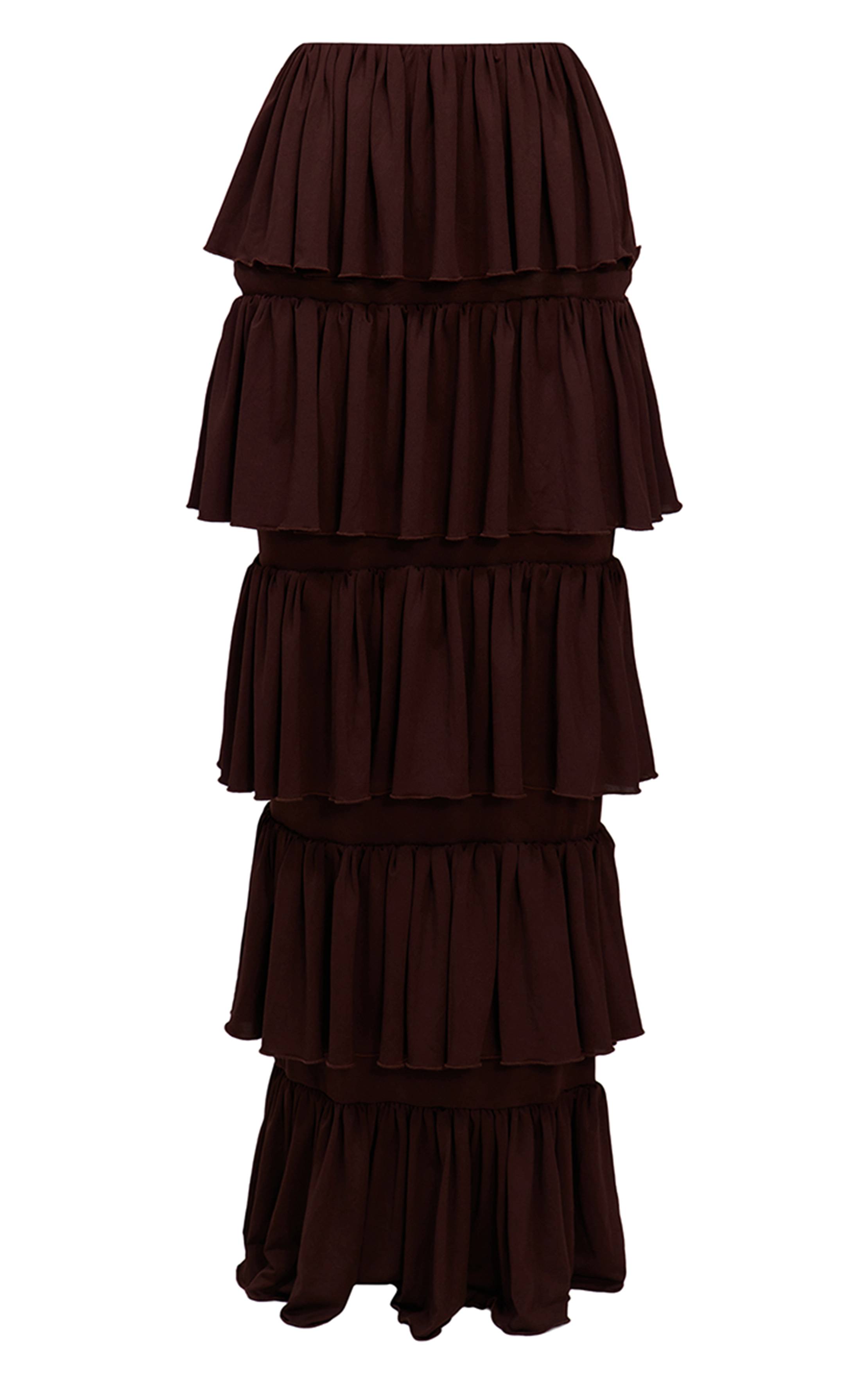 Chocolate Brown Jupe Maxi Étagée À Queue De Poisson En Tissu Slinky Plt Label Co-ord