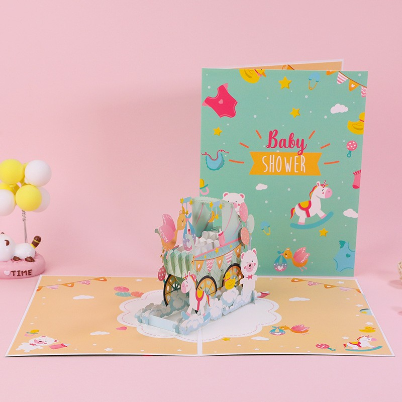 Einladungskarte / Glückwunschkarte Baby Shower Pop-Up Doppelkarte   Umschlag - Kinderwagen