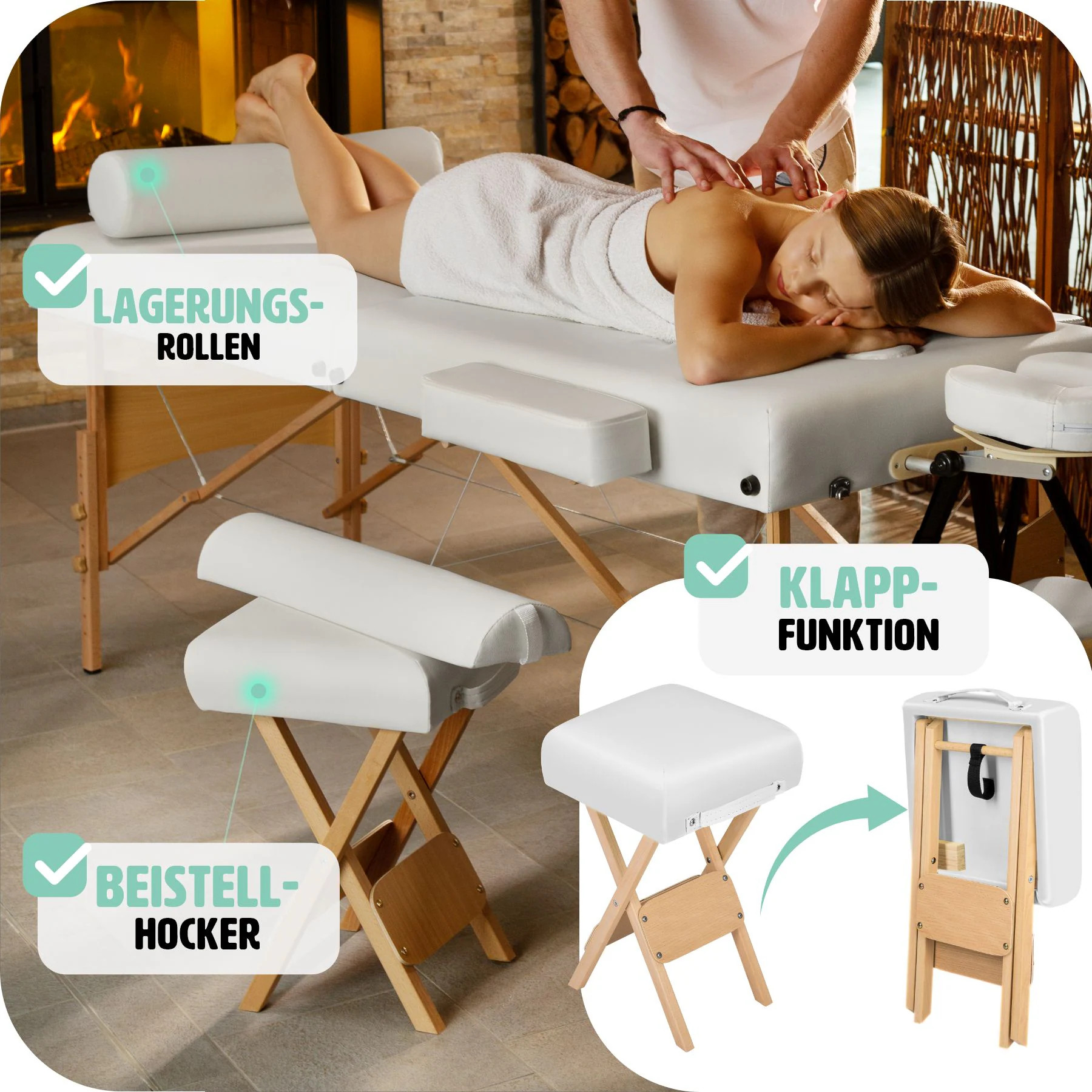 tectake® 3 Zonen Massageliege-Set, inklusive Hocker, Lagerungsrollen und Tragetasche, klappbar und höhenverstellbar, 218 x 102 x 65 - 90 cm