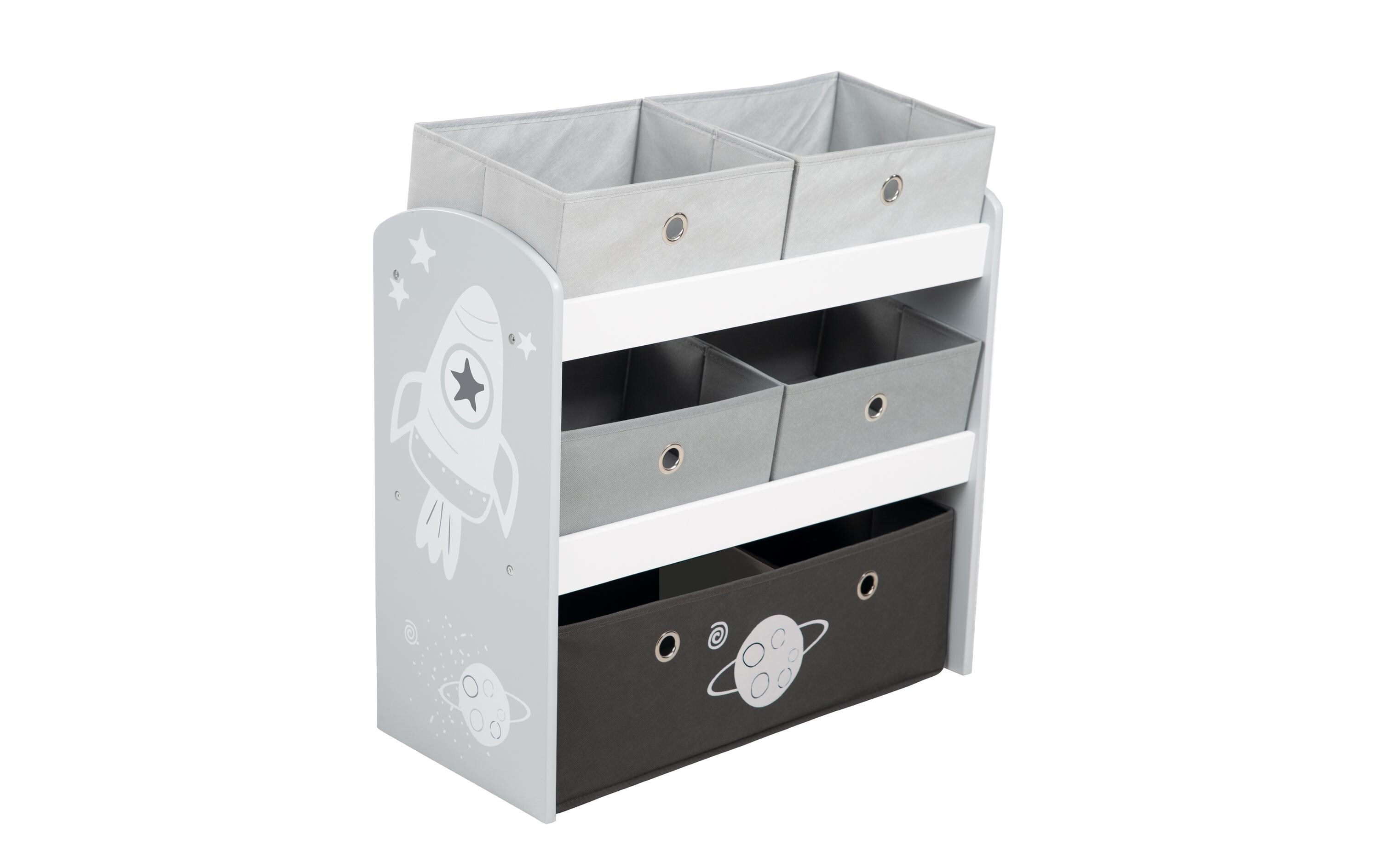 Regal Rakete mit Aufbewahrungsboxen GrauSpielzeugregal mit 5 Stoffboxen