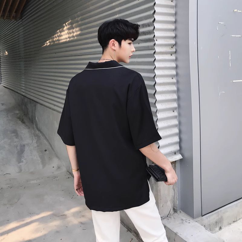 Bjorn - T-shirt met 3/4-mouwen, reverskraag en contrasterende bies en split