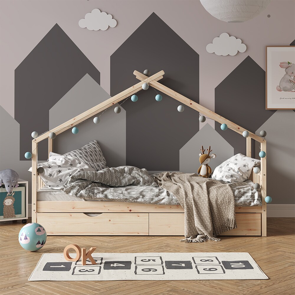 VITALISPA Kinderbett DESIGN Hausbett Gästebett Lattenrost Natur 90x200 Schublade
