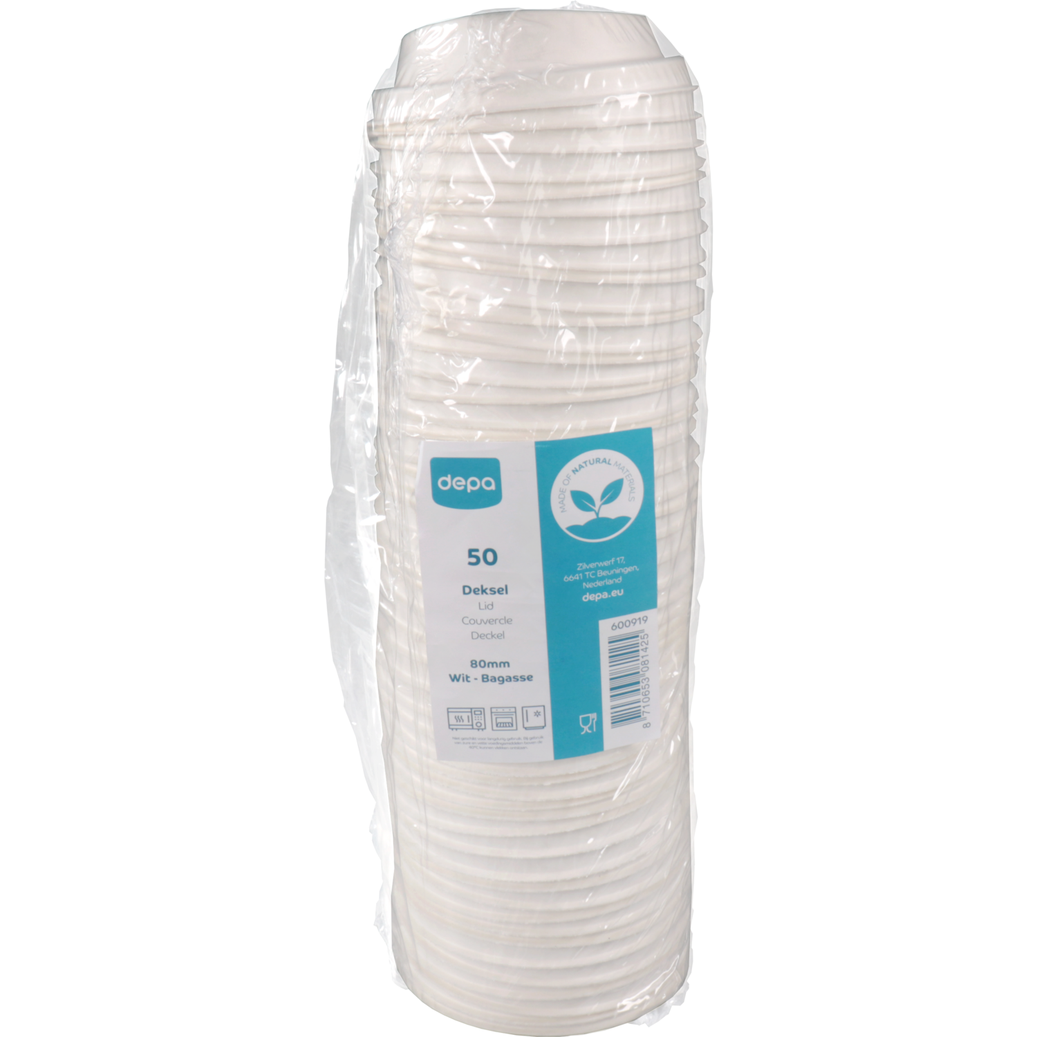 Depa Deksel, Bagasse (suikerrietpulp), Ø80mm, wit