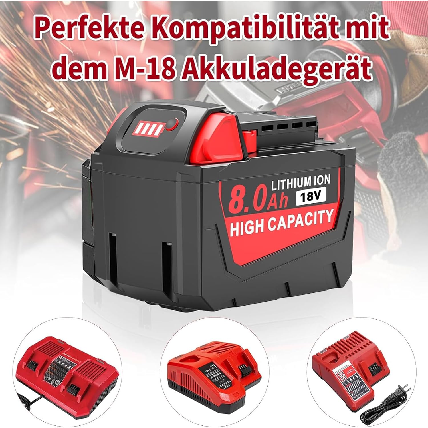 4 × 18V 8.0Ah Ersatz für Milwaukee Akku 18V, Kompatibel mit Milwaukee Akku M18 48-11-1852, 48-11-1850, 48-11-1840, 48-11-1830, 48-11-1820 mit LED-Anzeige (4 × 8.0Ah)