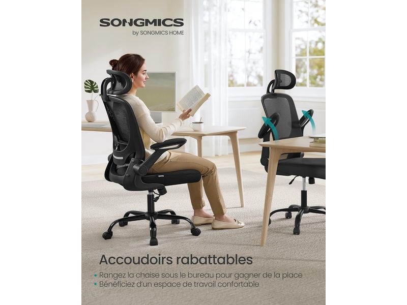 Songmics Bürostuhl mit klappbaren Armlehnen Ergonomischer Schreibtischstuhl mit atmungsaktivem Netz, klappbaren Armlehnen, verstellbarer Lendenwirbelstütze und Kopfstütze