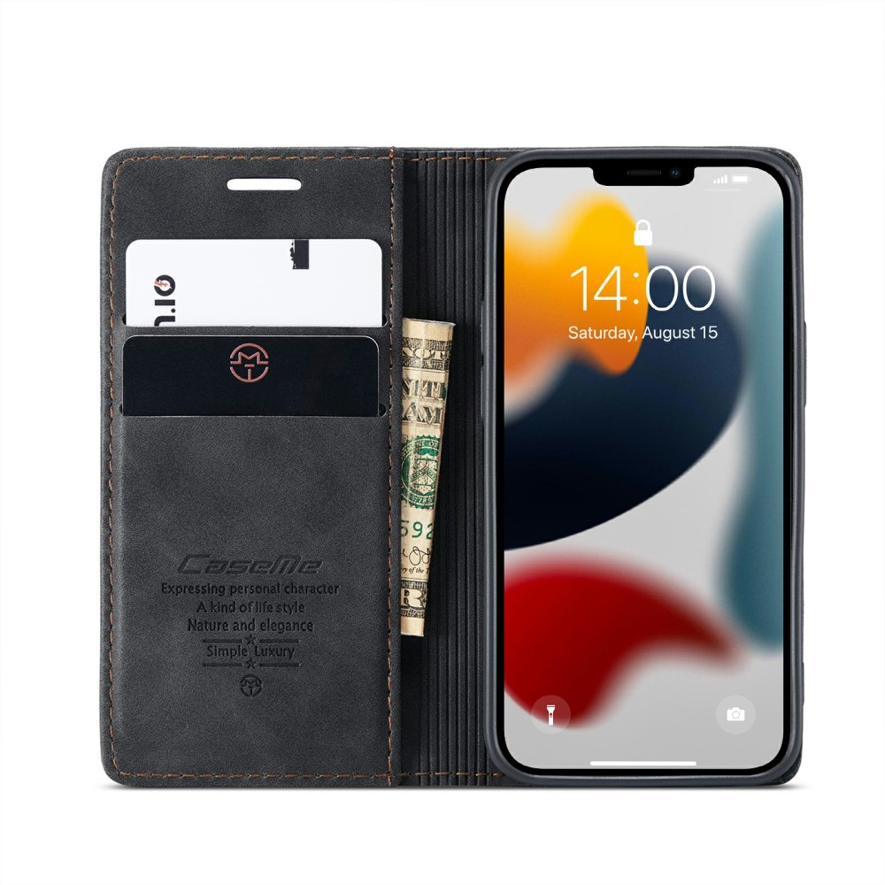 iPhone 13 Leder Tasche Flip Wallet Etui mit Kartenfächern - Schwarz
