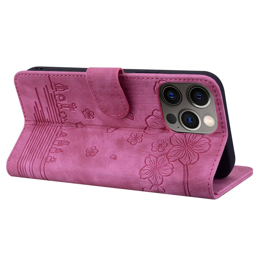 iPhone 13 Pro Leder Tasche Flip Cover Katze & Blumen Imprint - Pink
