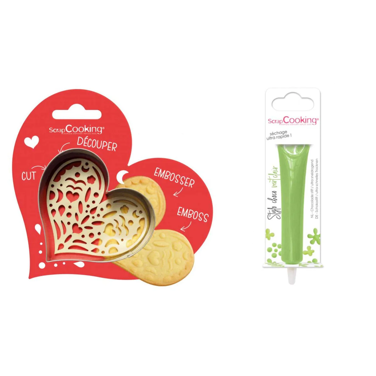Kit pour biscuit en relief Coeur + Stylo au chocolat vert clair Scrapc