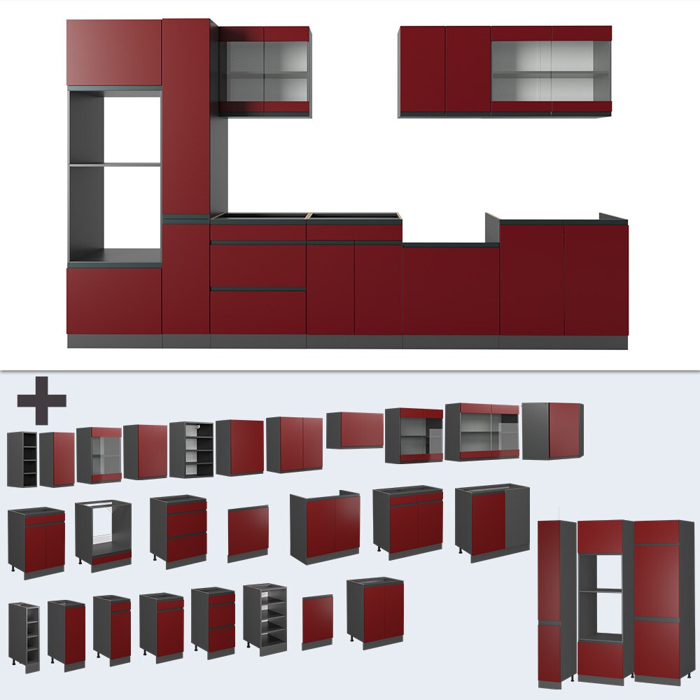 Vicco Küchenzeile Küchenblock Einbauküche R-Line J-Shape Anthrazit Rot 350 cm modern Küchenschränke Küchenmöbel