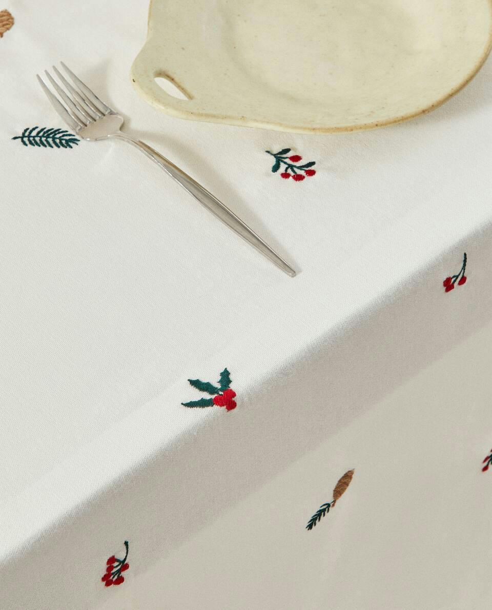 TOALHA DE MESA DE ALGODÃO COM BORDADO DE RAMO DE NATAL