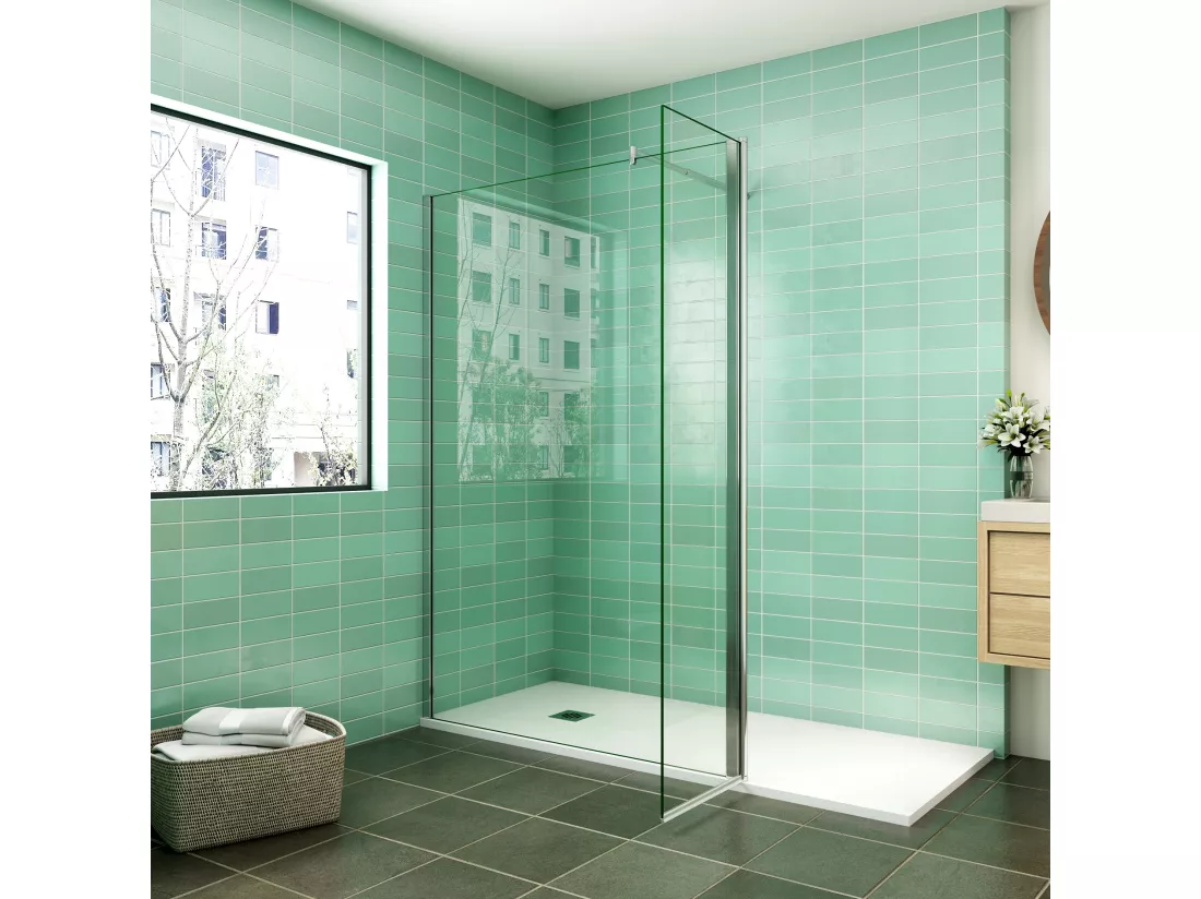 Paroi de douche à l'italienne 130x200cm avec retour pivotant 50x200cm - Verre securit - Avec barre de fixation 70-120cm en cylindrique