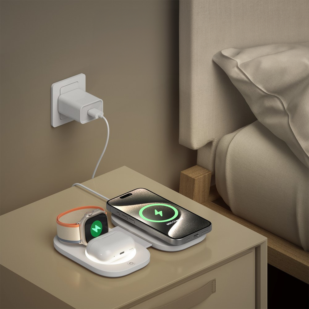 (15W) 3in1 Ladegerät Qi Wireless Charger Faltbarer Ladeständer für Apple Watch / Smartphone / AirPods - Weiss