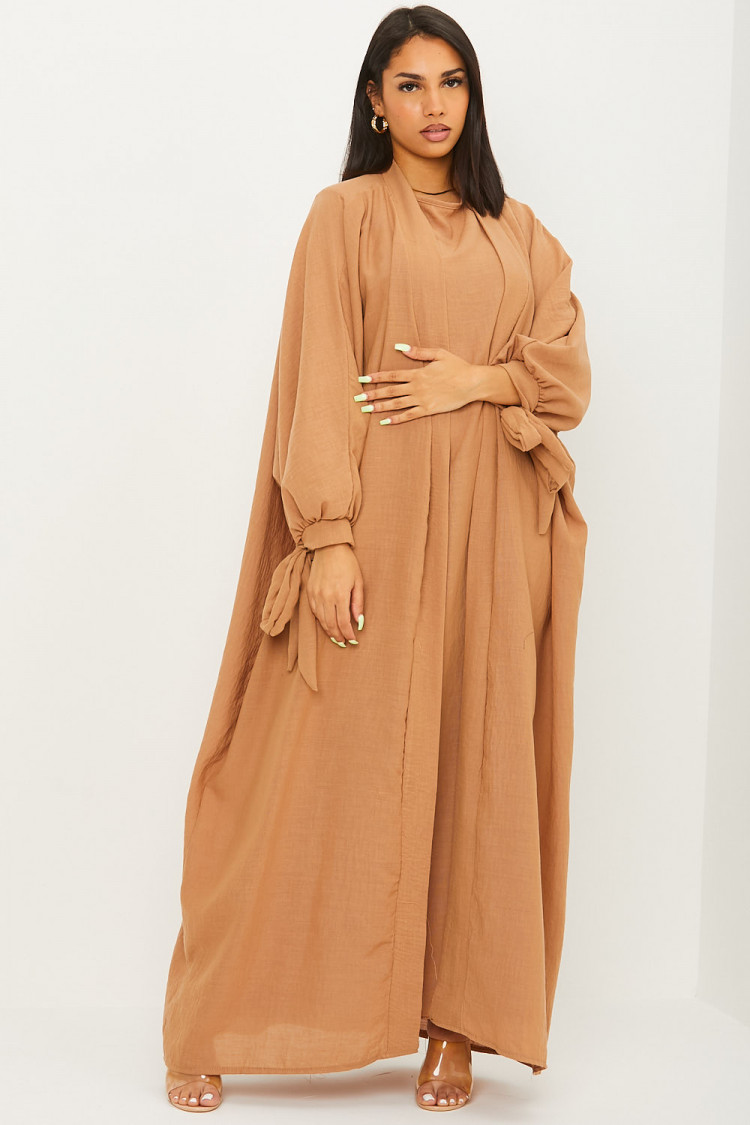 Ensemble effet lin 2 pièces kimono + robe camel