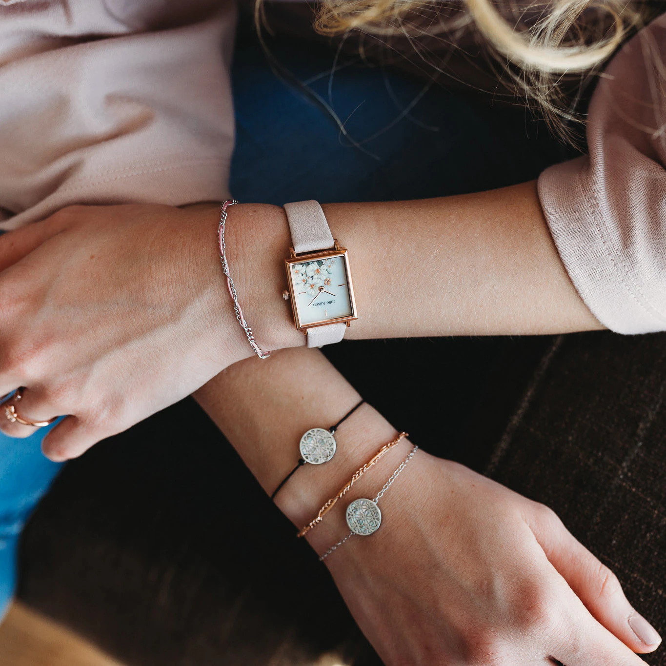 Julie Julsen Armband 925/- Sterling Silber Blume des Lebens mit Textilband